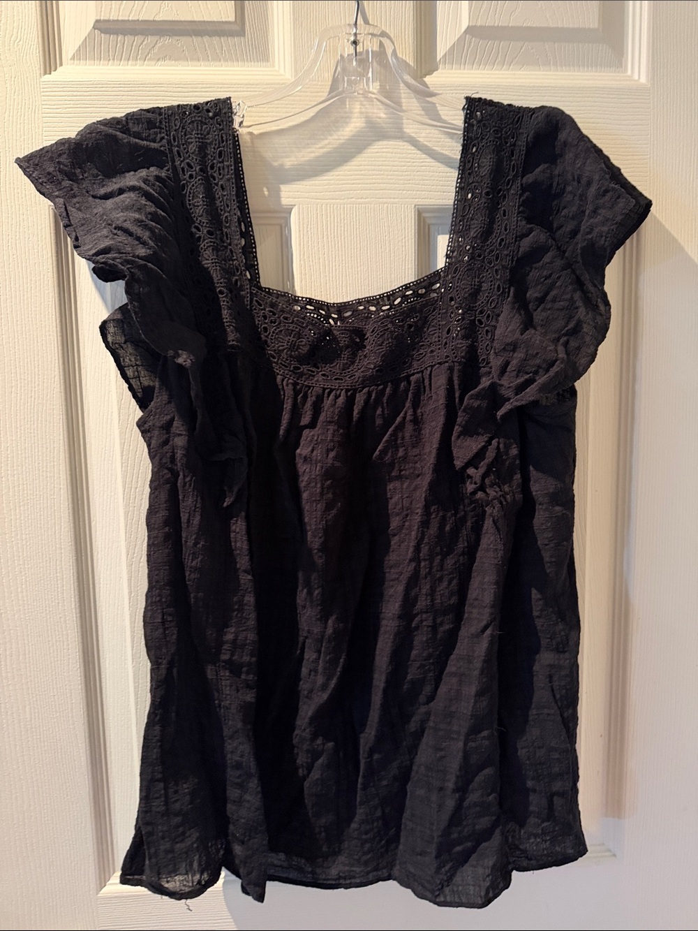 178 - Max Studio Black Cotton Lace-Trim Flutter Sleeve Tunic